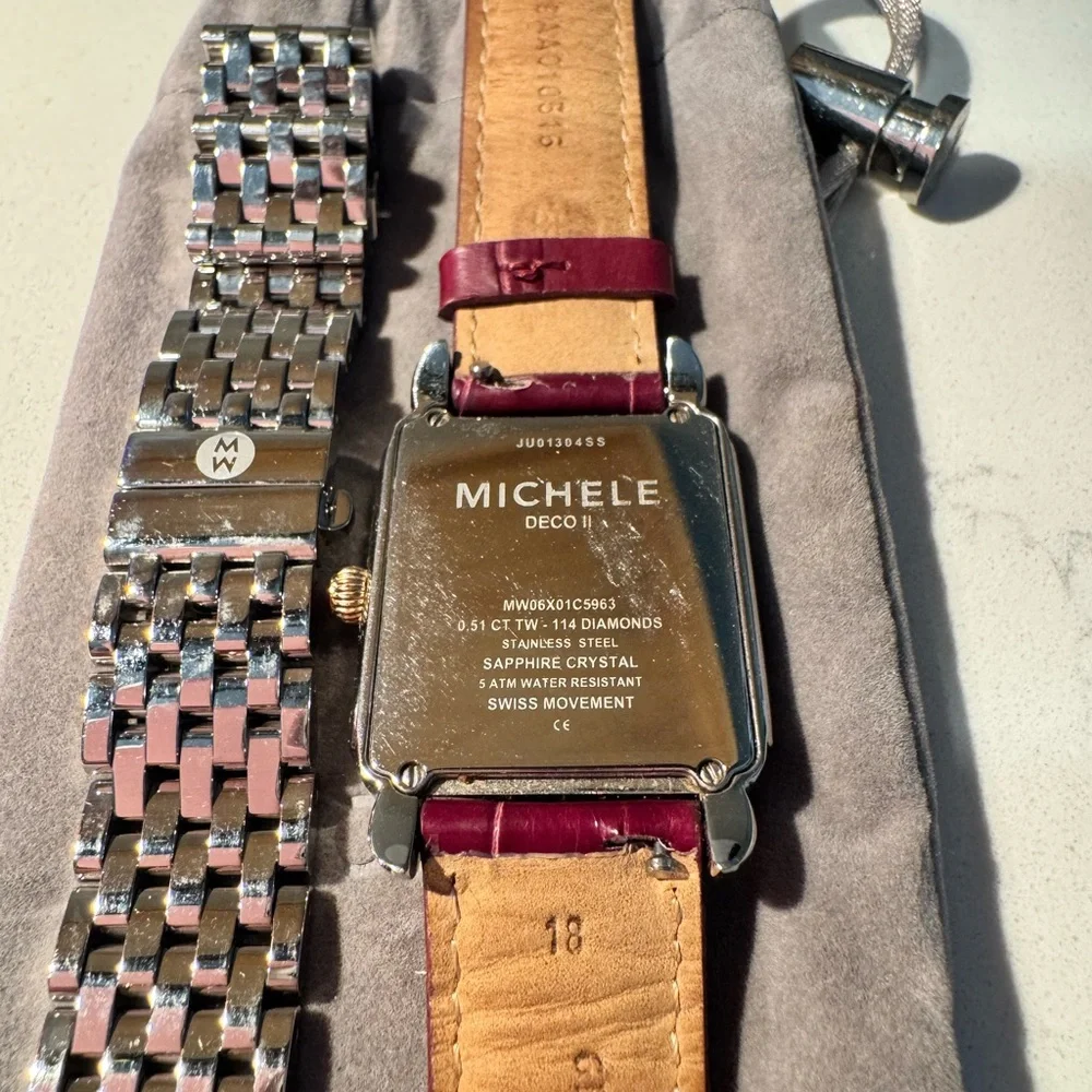 Michele Square Diamond-Accent Watch with Burgundy Leather Strap - Picture 3 of 3
